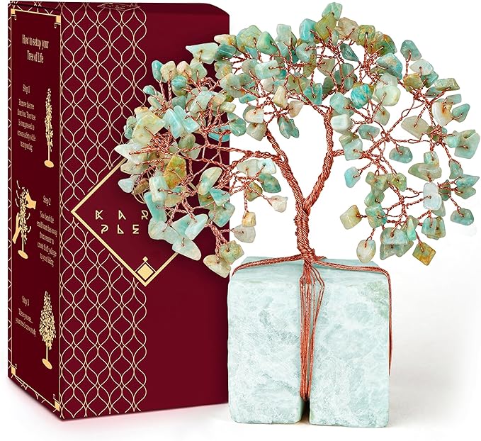 Chakra Tree of Life for Unique Gifts for Mom, Dad, Home and Office Decor, Handmade Amazonite Healing Crystal Tree for Positivity, Money & Good Luck, Birthday Gifts for Women,Mens
