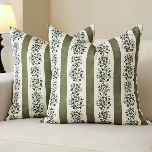 DOMVITUS Floral Throw Pillow Covers 24x24 Inch Set of 2, Block Print Decorative Pillow Covers Vintage Striped Neutral Farmhouse Boho Home Decor for Couch Sofa Bed Living Room, Green