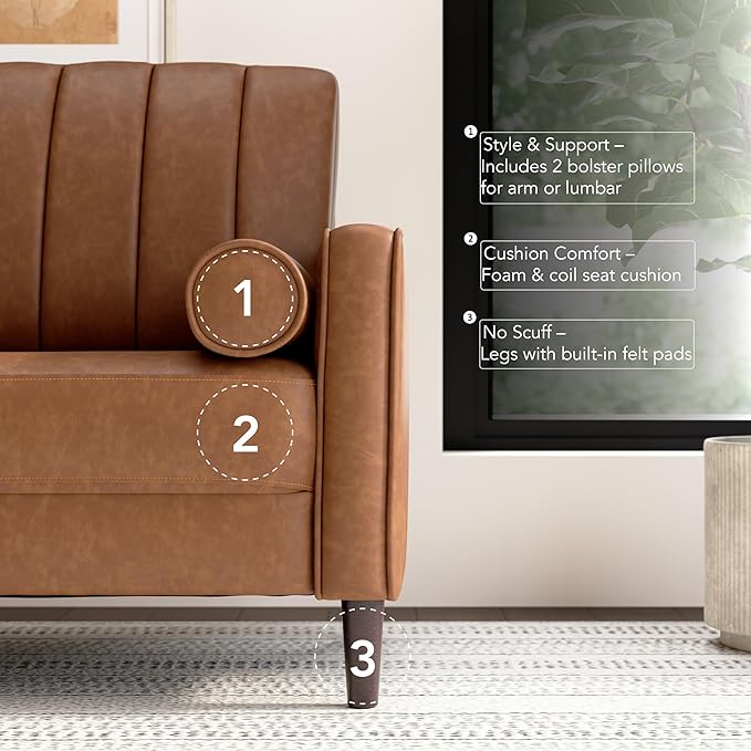 Bush Home 54-inch Loveseat, Living Room Furniture, Max Collection, Buffed Camel Vegan Leather