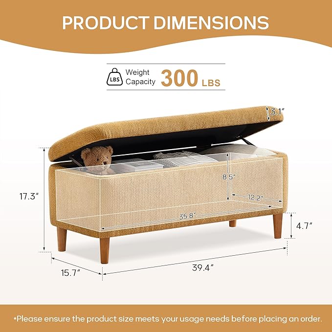 39.4”Ottoman with Storage Set of 2,Upholstered Comfy Storage Bench Ottoman with Wooden Legs,End of Bed Bench Footstool for Hallway Entryway Bedroom Living Room Corner Yellow