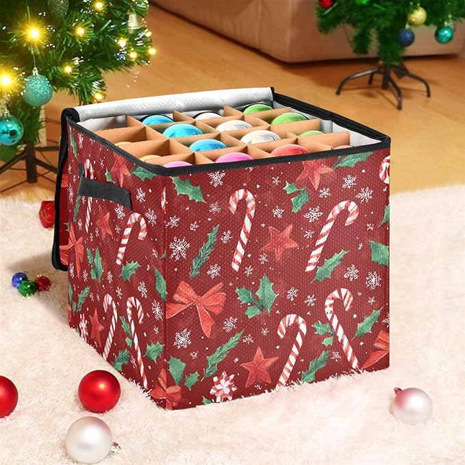 Red Silver Christmas Ornament Storage Basket Box Winter Snowflake Xmas Holiday Storage Container Cube with Adjustable Dividers for 64 Holiday Ornaments or Decorations Keeps Clean and Dry