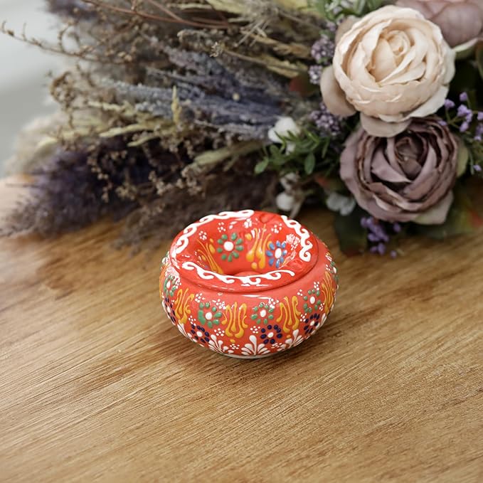 Decorative Ceramic Jar-Colorful Decorative Jar with Lid-Handmade Small Decorative Jar-Windproof Unique Jars-Turkish Home Decor (Orange)
