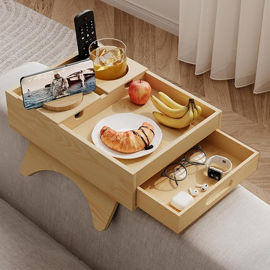 Sofa Arm Tray Table - Adjustable Couch Armrest Table with Cup Holders, 360° Rotating Tablet Holder, Anti-Slip Base & Storage Drawer - Fits 4" to 12.4" Armrests, Waterproof Pine Wood