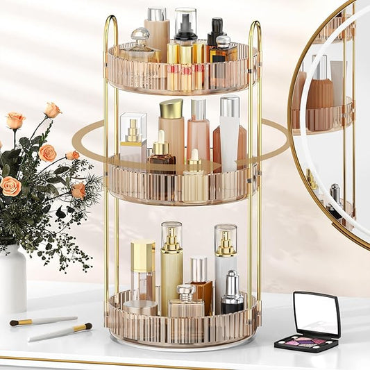 MOKANI 360 Rotating Makeup Organizer for Vanity, 3 Tier Adjustable Perfume Organizer for Dresser, Multi-Function Spinning Cosmetics Skincare Storage for Bedroom, Dresser, Countertop, Amber