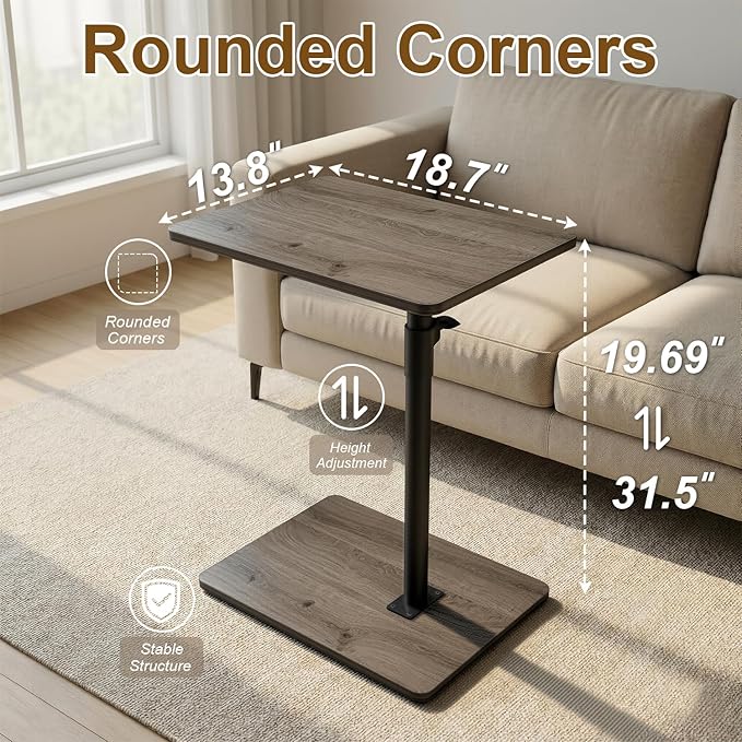 YUHFERA Sofa Armrest Tray Table for Couch - 360 Swivel Height Adjustable C Shaped End Table for Small Spaces, Snack Side Table for Bed or Chair with Phone & Tablet Slot (Gray, Enlarged)