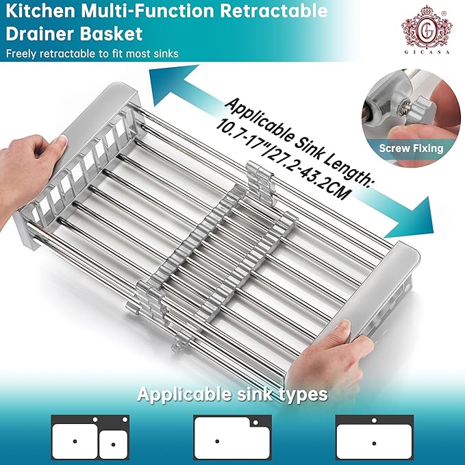 Sink Dish Drying Rack, Stainless Steel Drainer for 10.7"-17" Sinks, Kitchen Countertop Organizer for Dishes, Vegetables, and Fruits (Grey & Small)