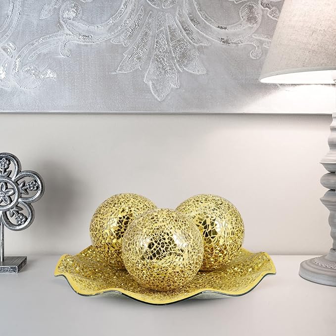 MDLUU Centerpiece Bowl and Balls Set, Mosaic Tray with 3 Pieces Spheres, 12" Decorative Plate with 4" Mosaic Orbs for Home Decor, Gift (Gold)
