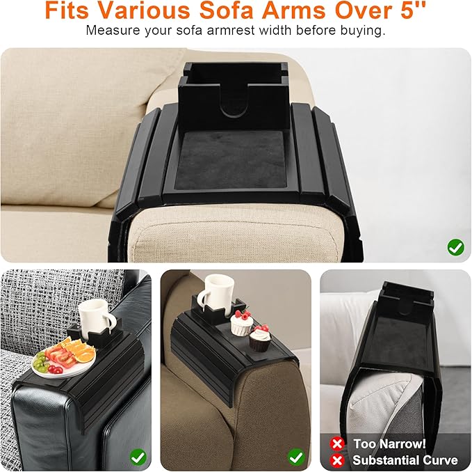 Joy&Grace Sofa Armrest Tray with Large Mug Holder, Bamboo Couch Arm Tray, Anti-Slip Couch Cup Holder Foldable Sofa Arm Table for Eating Drinks Cellphone (Color Black)
