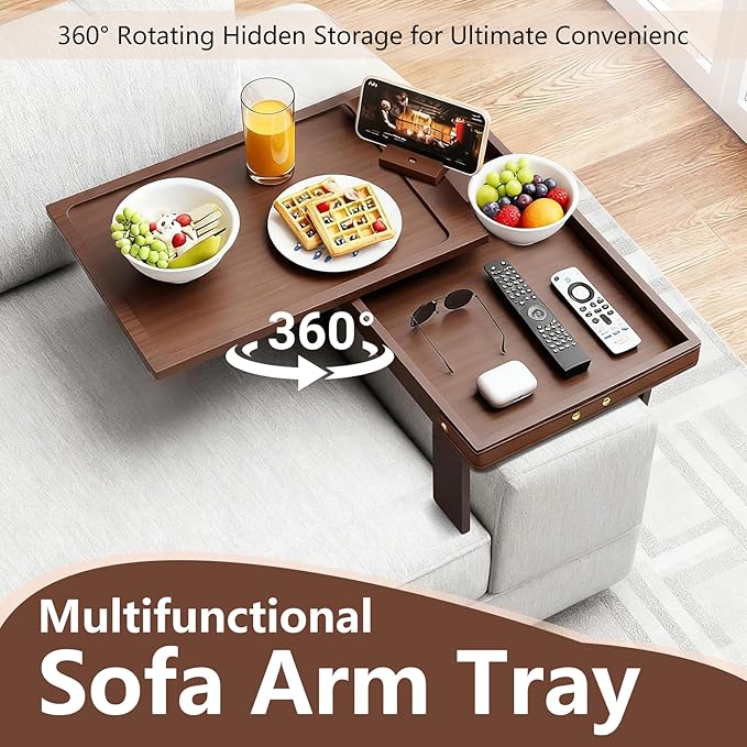 Couch Armrest Tray with Bamboo - Adjustable Sofa Arm Table with 360° Rotating Phone Holder and Hidden Storage Compartment for Snacks, Drinks, Remote, Fits Sofa Width of Armrest 5.5" - 9.8" (Brown)