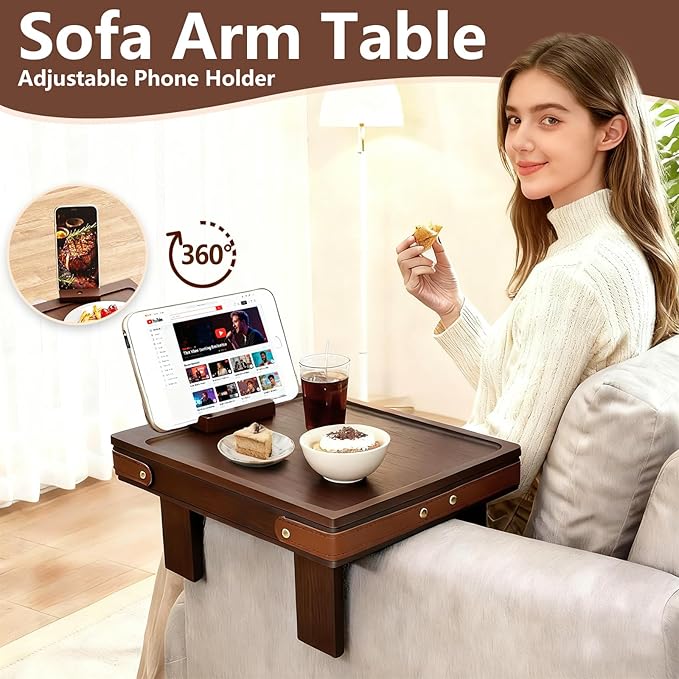 Sofa Armrest Tray with Bamboo - 5.5" - 9.8" Adjustable Couch Arm Table with 360° Rotating Phone Holder and Hidden Storage Compartment for Snacks, Drinks, Remote (Dark Brown)