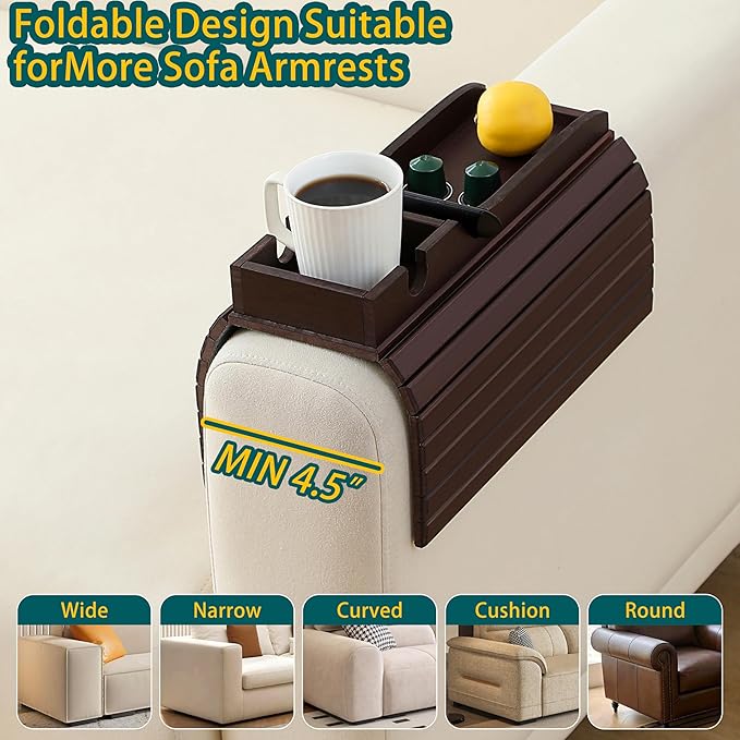 Bamboo Couch Cup Holder Arm Tray Table，Foldable Couch Drink Holder Armrest Table，Sofa Arm Rest Tray，Flexible Arm Chair Table Recliners for Drink,Cups, Snacks, Phone, Remote (Mahogany)