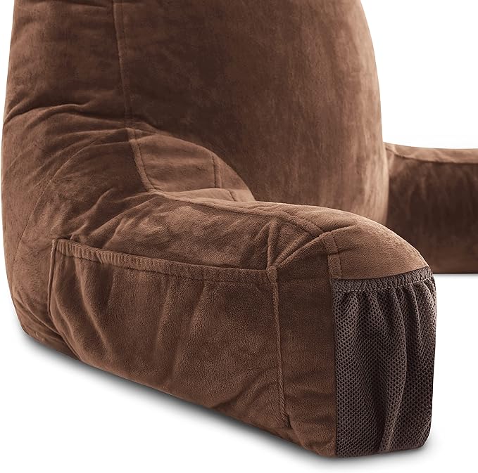 Husband Pillow Medium Reading Pillow with Arms - 23" Backrest for Sitting Up in Bed - Firm Support Bed Rest Pillow for Adults, Neck Roll, Removable Cover - TV, Reading, Lounging - Chocolate