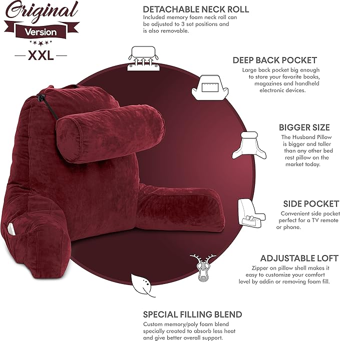 Husband Pillow XXL The Original for Adults - 30" Tall Backrest for Sitting Up in Bed - Firm Support Reading & Bed Rest Pillows for Adults, Neck Roll, Removable Cover - TV - Maroon