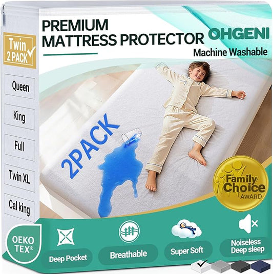 OhGeni 2 Pack Waterproof Mattress Protector, Twin Size Fitted Sheet with Deep Pocket, 6''-16'' Washable Hypoallergenic Mattresses Cover,Noiseless Soft Mattress Pad,Kids' Bedwetting,Pee & Dirt-Proof