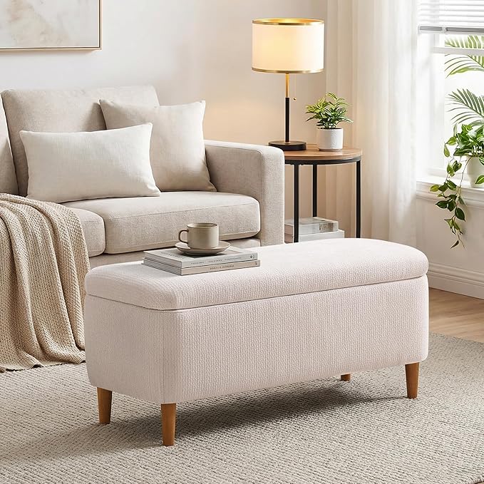 39.4”Ottoman with Storage,Upholstered Comfy Storage Bench Ottoman with Wooden Legs,End of Bed Bench Footstool for Hallway Entryway Bedroom Living Room Beige