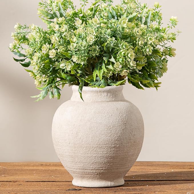Ceramic Rustic Farmhouse Vase, 6 Inch White Small Flower Vase Decorative Vase Short Pottery Vases for Home Decor Table Living Room Entryway Mantel Bookshelf Bedroom Bathroom Kitchen - White