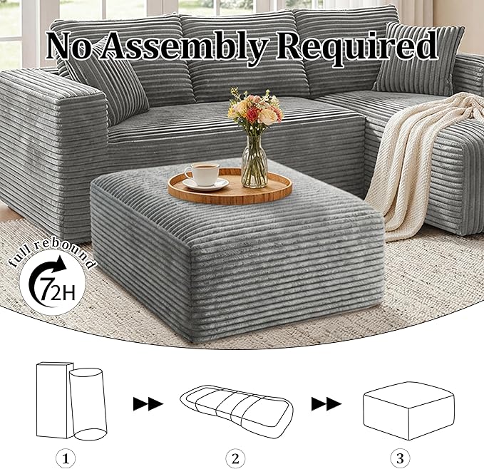 Corduroy Ottoman, Modern Boneless Cloud Foot Rest Foam Support, Oversized Modular Sectional Sofa Stool for Living Room, Bedroom & Small Spaces, No Assembly Required (Light Gray, Ottoman) | Foam Support, No Assembly Required, Living Room/Bedroom