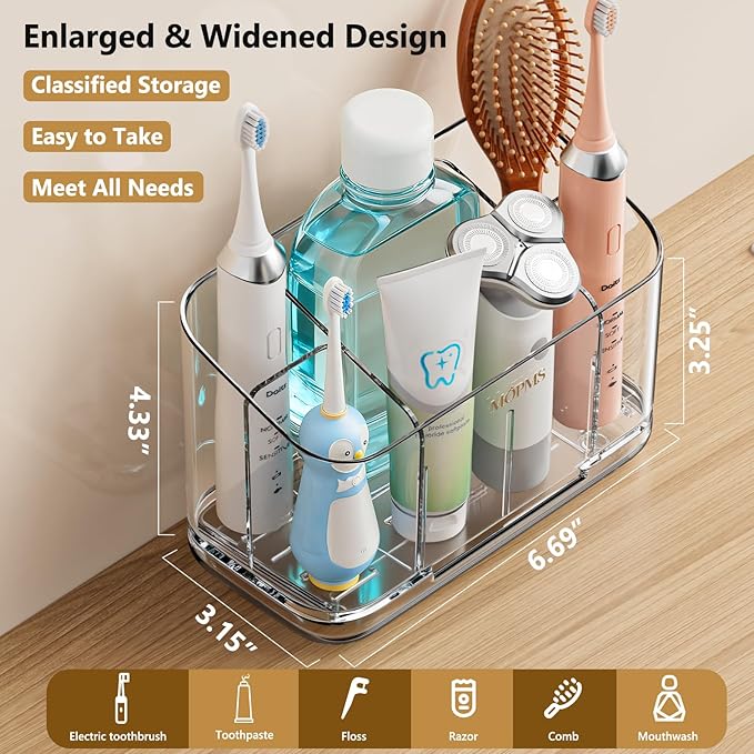 Toothbrush Holders for Bathroom Countertop Organizer, 5 Slots Large Capacity Electric Toothbrush Holder Wall-Mount for Space Saving, Tooth Brush and Toothpaste Holder with Dividers for Easy Clean