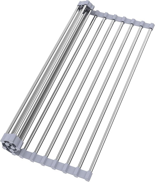 Roll Up Dish Drying Rack for Over Sink -17.5"x11.8" Foldable Stainless Steel Kitchen Drainer，Gray