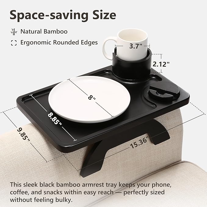 Black Couch Arm Table, Solid Bamboo Sofa Armrest Tray with 360 Rotating Cup Holder & Phone Stand, Large Clip-on Side Table for Drinks & Remote, Fits Round & Square Arms, 15.36x9.85