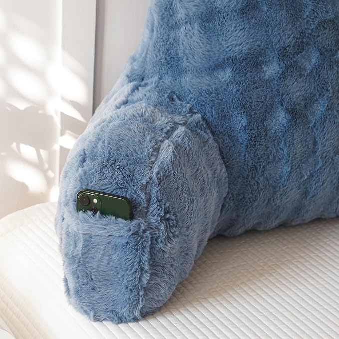 Yaoshuho Faux Fur Reading Pillow for Sitting in Bed, Large Backrest Bed Pillow with Arms, Back Support Pillow for Lounging Bedrest, Dusty Blue