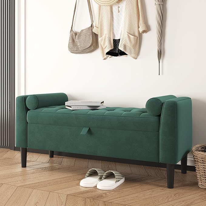 46.5" Storage Ottoman Bench – Upholstered End-of-Bed Storage Chest with Rolled Armrests & Wood Legs, Entryway Shoe Bench and Footrest Seat for Hallway, Bedroom & Living Room & Walk-in Closet (Green)