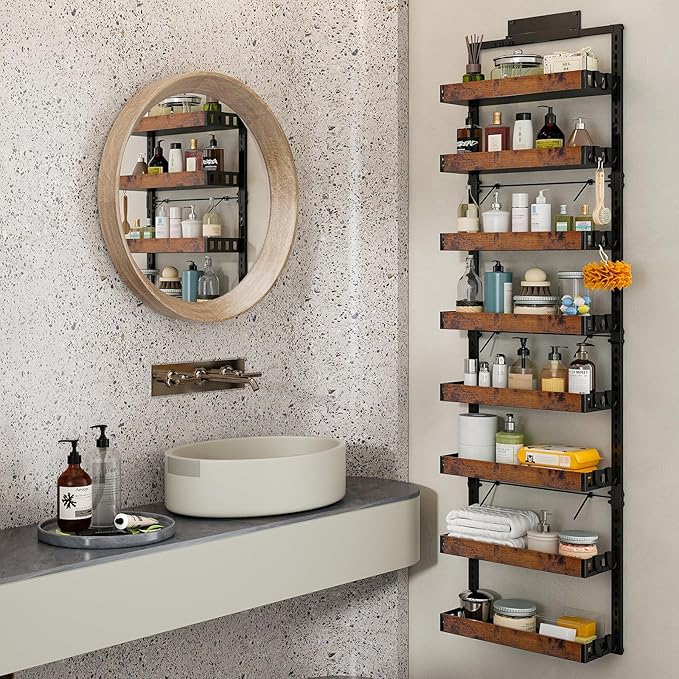 BUKFEN 8-Tier Over the Door Pantry Organizer, 2-in-1 Door Hanging or Wall Mounted Spice Rack, Heavy Duty Metal Storage Shelves with Adjustable Wooden Baskets for Kitchen Bathroom Closet