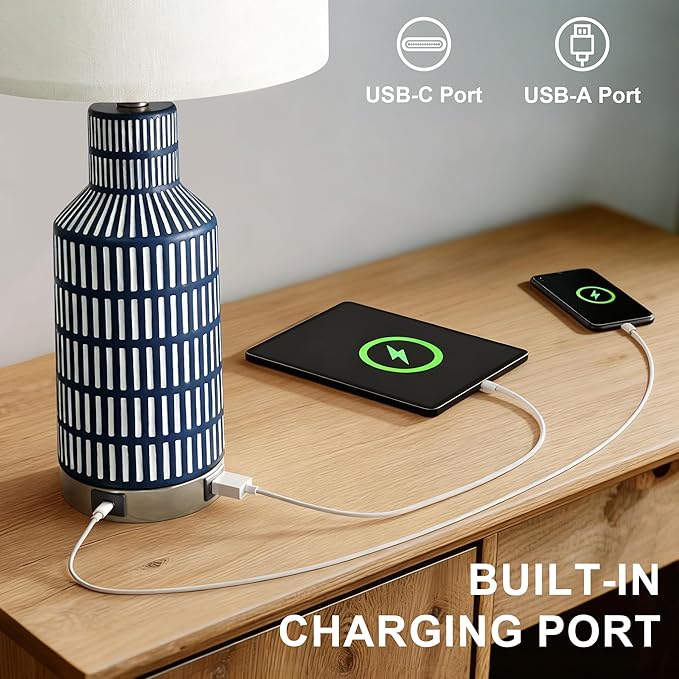 USumkky 25" Modern 3-Way Dimmable Touch Control with USB A+C Ceramic Lamps Set of 2 Table Lamp for Living Room Bedroom Farmhouse Nightstand Bedside Blue