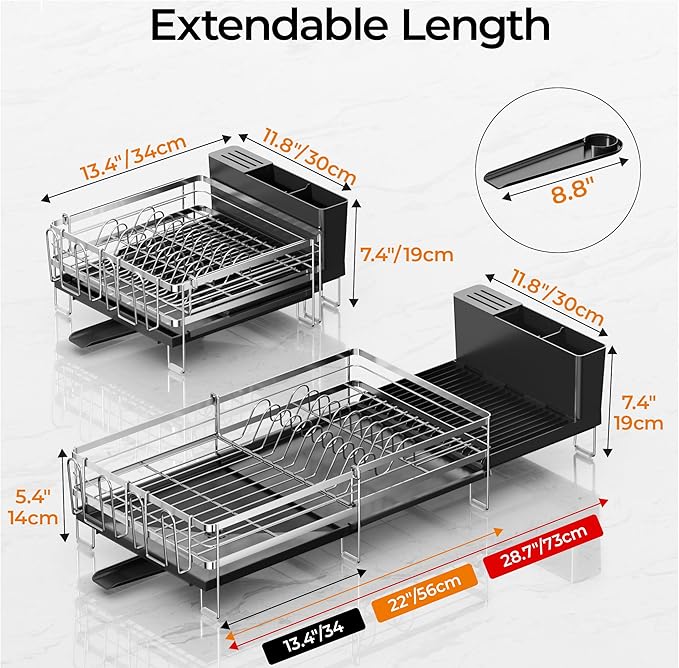 Delamu Stainless Steel Dish Drying Rack, Expandable Dish Drainer, Anti-Rust Large Dish Racks for Kitchen Counter, Dish Strainers with Drainboard, Utensil Holder & Cup Holder, 13.4"-28.7" L x 11.8" W