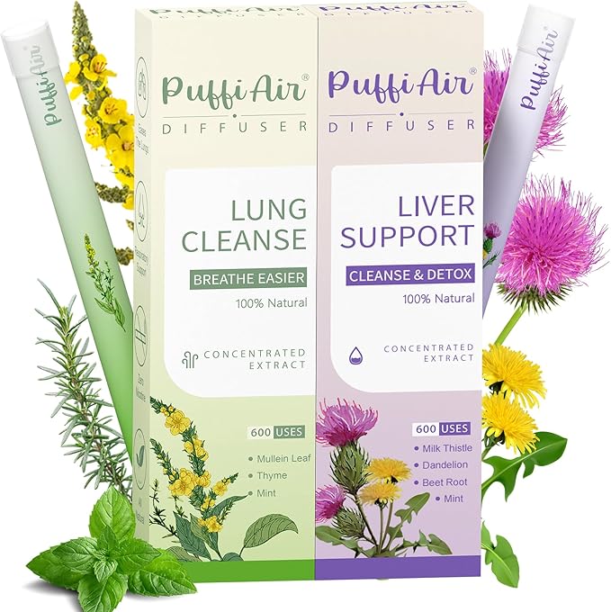 Herbal Diffuser Duo, Lung Cleanse and Liver Care Diffuser Pens with Extract of Mullein and Milk Thistle, 100% Natural Swap, Home & Party Duo, 600 Uses Each