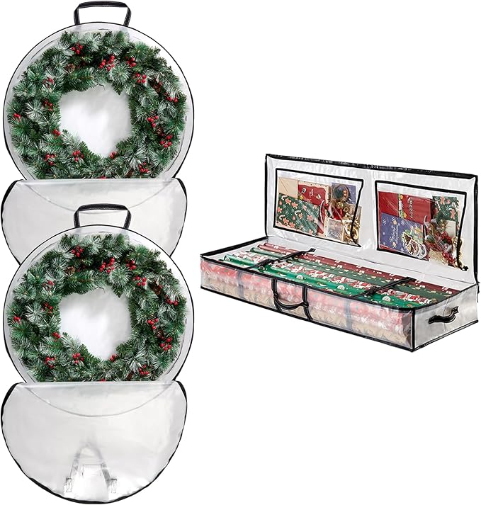 VENO 3 Pack Christmas Wreath, Wrapping Paper Storage Bags (2 Pack 36 Inch Wreath Bags, 1 Pack Gift Wrapping Paper Storage)
