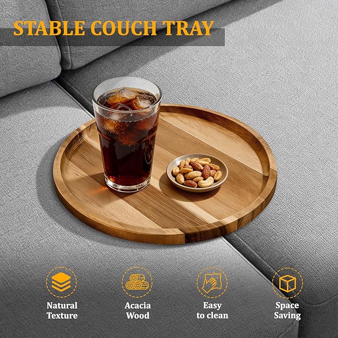 Acacia Wood Sofa Tray, Folding Couch Table Insert for Middle Portable Couch Armrest Trays Perfect for Drinks, Snacks, Phone, Remote Control (Circle)