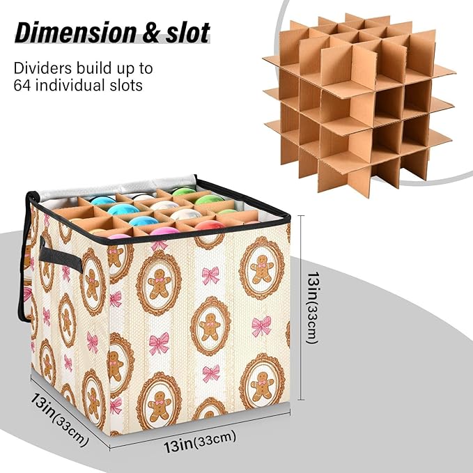 Gingerbread Man Christmas Ornament Storage Basket Box Candy Cane Winter Holiday Storage Container Cube with Adjustable Dividers for 64 Holiday Ornaments or Decorations Keeps Clean and Dry