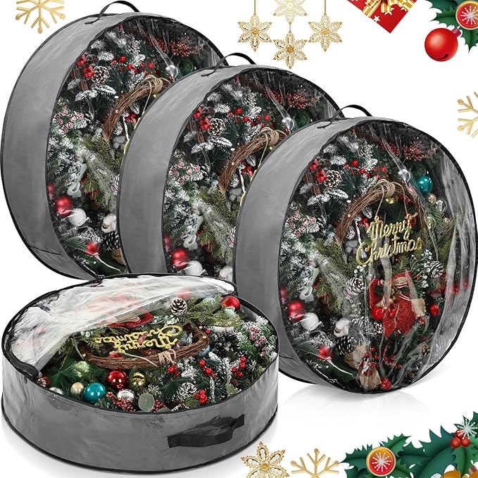 Aliceset 4 Pack Wreath Storage Containers, Ornament Garland Wreath Storage Bags with Handle Zipper Decorative Storages Box for Winter Valentine Wreaths(24 x 24 x 7.8 Inch,Gray)