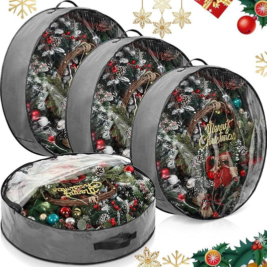 Aliceset 4 Pack Wreath Storage Containers, Ornament Garland Wreath Storage Bags with Handle Zipper Decorative Storages Box for Winter Valentine Wreaths(24 x 24 x 7.8 Inch,Gray)