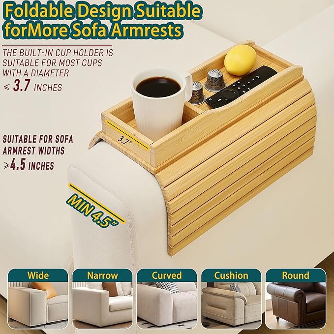 Bamboo Couch Cup Holder Arm Tray Table，Couch Drink Holder，Sofa Cup Holder Armrest Tray，Anti-Slip Foldable Arm Chair Table Tray Recliners for Drink,Cups, Snacks, Phone, Remote