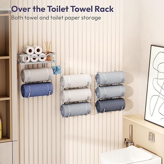 SWTYMIKI Over the Door Towel Rack - 9 Tier Towel Racks for Bathroom Wall Mounted, Towel Holder with Shelf, Hanging Rolled Towel Storage Organizer for Small Bathroom, Camper, RV, Sliver