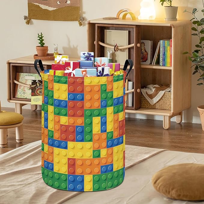 HUNRUNG Collapsible Fabric Storage Basket, Waterproof Laundry Hamper with Handles, Round Storage Bin for Clothes Toys, Foldable Organizer for Bedroom Nursery Bathroom(Round-Colorful Blocks)
