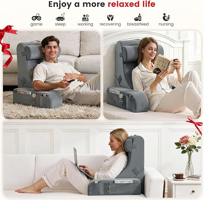 Homkdom Reading Pillow for Sitting in Bed Adult, 20" Back Pillow for Bed Sitting up with Armrests & Storage Pockets, Ergonomic Wedge Pillow for Watching TV, Gaming, Working, Recovery, 5PCS, Grey