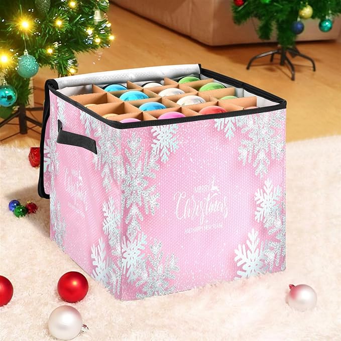 Pink Christmas Snowflake Christmas Ornament Storage Box, 4 Tier Holds Up to 64 Holiday Ornaments Decoration Balls, Holiday Decorations Accessories Xmas Decorations Storage Container with Dividers