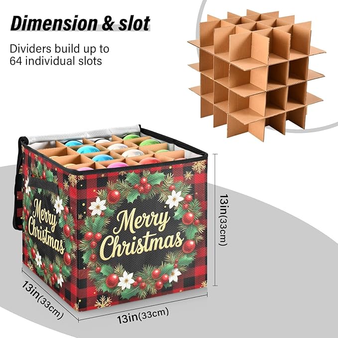 Christmas Tree Jingle Bells Ornament Storage Basket Box Xmas Wreath Winter Holiday Storage Container Cube with Adjustable Dividers for 64 Holiday Ornaments or Decorations Keeps Clean and Dry