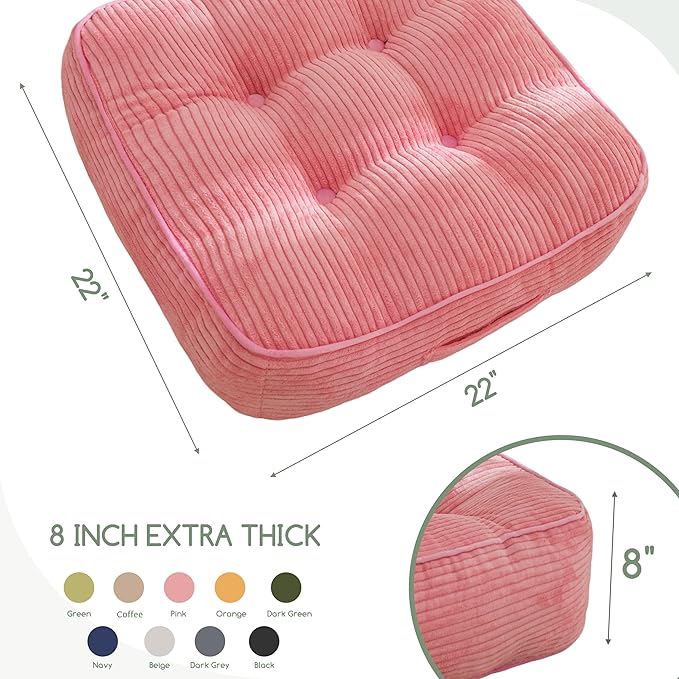 HIGOGOGO 8" Extra Thick Floor Pillow Cushion for Adults, Meditation Cushion Pillow, Large Square Floor Sitting, Tufted Corduroy Cover, for Tatami Living Room or Yoga, 22x22 Inch, 2Pack, Pink
