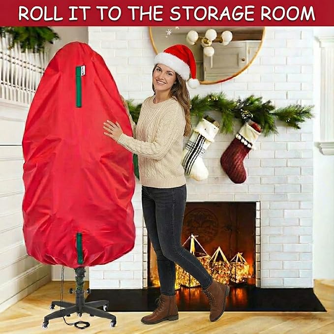 Upright Christmas Tree Storage Bag - Fits 7 Ft Artificial Xmas & Topiary Tree, Vertical Holiday Cover, Durable, Dustproof & Easy-Use Xmas Storage, Red