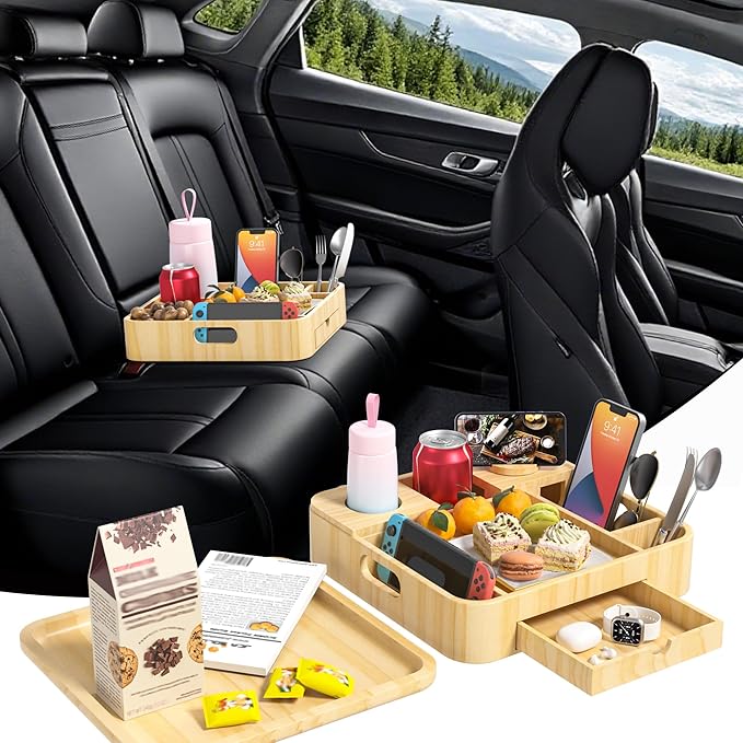 Couch Cup Holder, Couch Tray Cup Holder Sofa Tray, Large Capacity 2-Tier Wooden Trays with Drawer for Sofa, Bed, Picnic, Drinks, Snacks, Remote, Cell Phone, Headphones (Solid Pine Wood)12.5*12.5 in