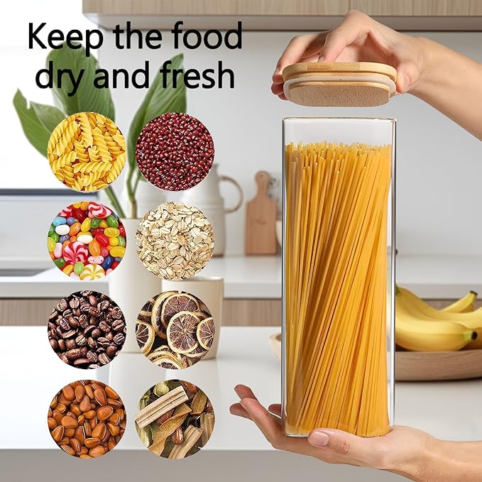 VIEWELLD 2.2 Qt Square Glass Storage Containers with Lids, Clear Food Storage Container Jar with Sealing Bamboo Lid Storage Containers for Pasta, Oats, Coffee, Flour, Sugar, Square Set-3Pack