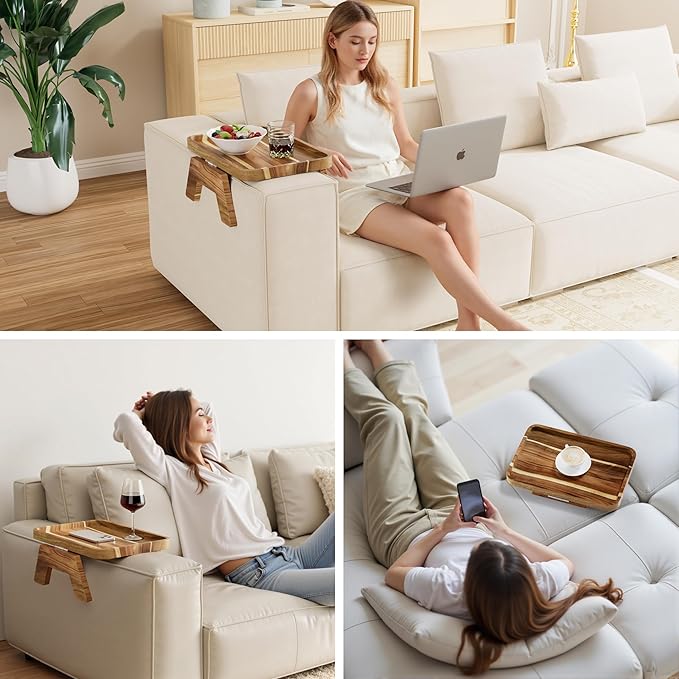 ZUJJAFY Couch Armrest Table, Acacia Wood Couch Arm Tray, Clip-On Sofa Arm Tray Table for Drink Eating Snacks Remote and Control
