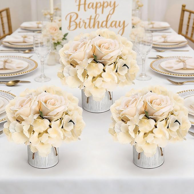 Flower Table Centerpieces - Set of 6 Floral Arrangement Artificial Wedding Hydrangeas Floral Arrangement with Rustic Metal Vase for Bridal Tea Party Event Decorations - Champagne