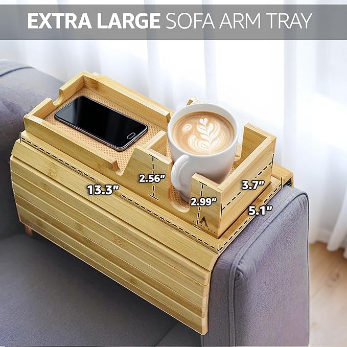 Bamboo Couch Arm Tray with Non-Slip Mats, Slide-Away Upper Tray, Adjustable Fit for Various Sofa Armrests – Ideal for Snacks, Drinks, Remotes and Electronics (Natural)