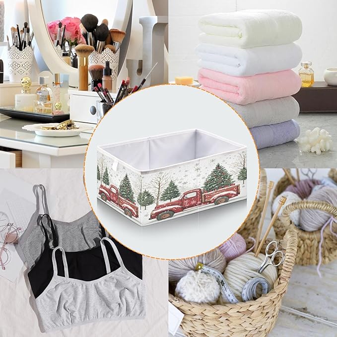 Red Truck Christmas Tree Fabric Storage Cubes Sturdy Shelf Closet Organizer Bin Decorative Storage Basket Box for Living Room Bathroom, 11x11 Inch