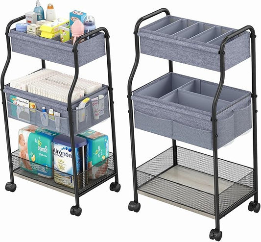 3-Tier Baby Diaper Caddy Organizer and Storage Cart, Mobile Metal Utility Cart with Rolling Wheels for Nursery Essentials with 4+2 Dividers, Large Capacity Rolling Cart For Bedroom, Bathroom, Nursery